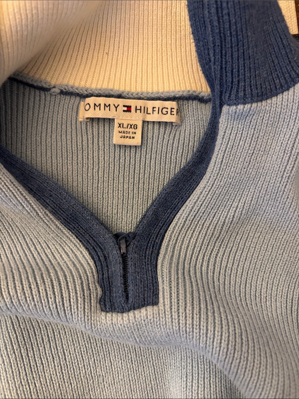 Tommy Hilfiger Light Blue Zip-Up Ribbed Sweater with Navy Trim